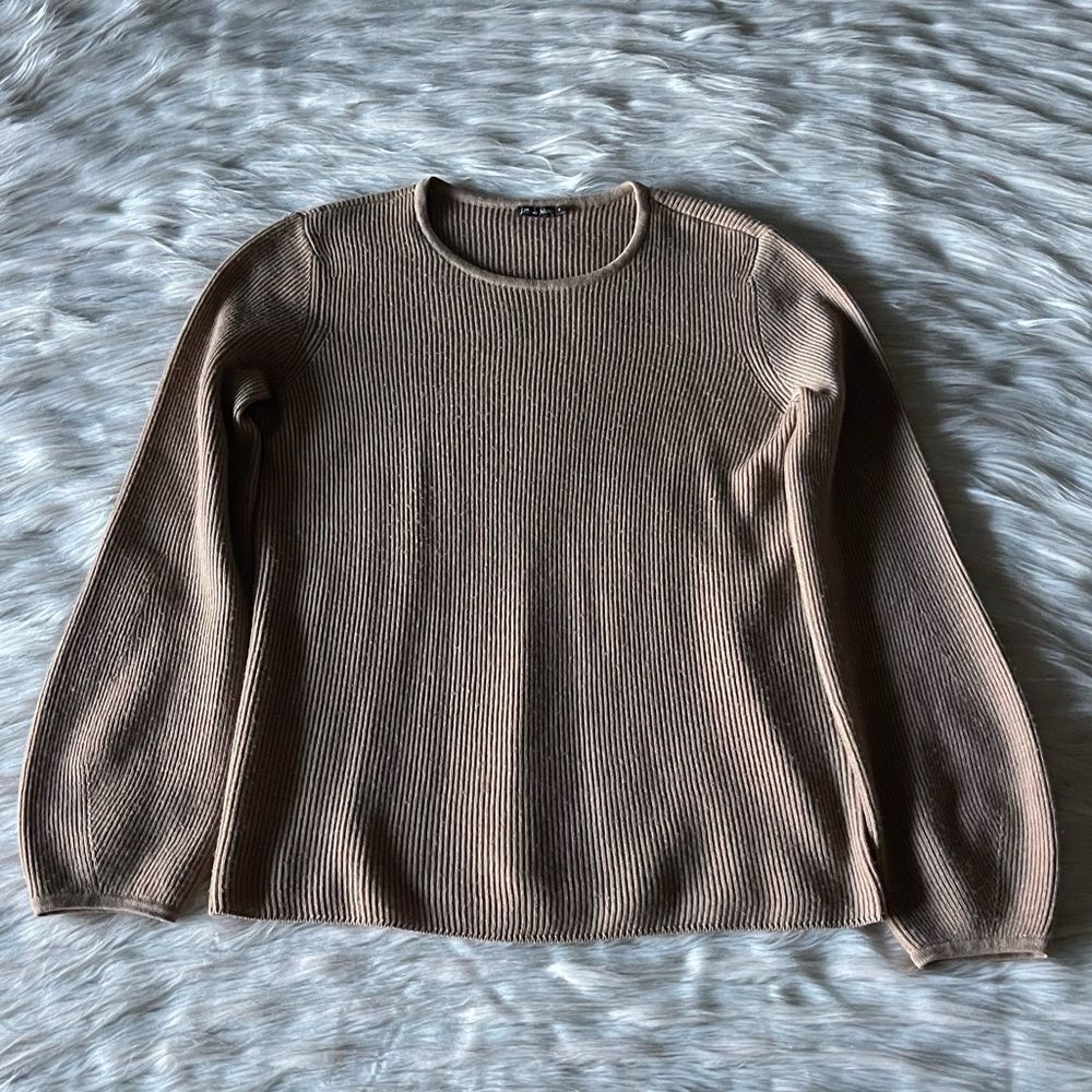 J. McLaughlin Wool Ribbed Blouson Sleeve Sweater in Tan - Picture 5 of 12